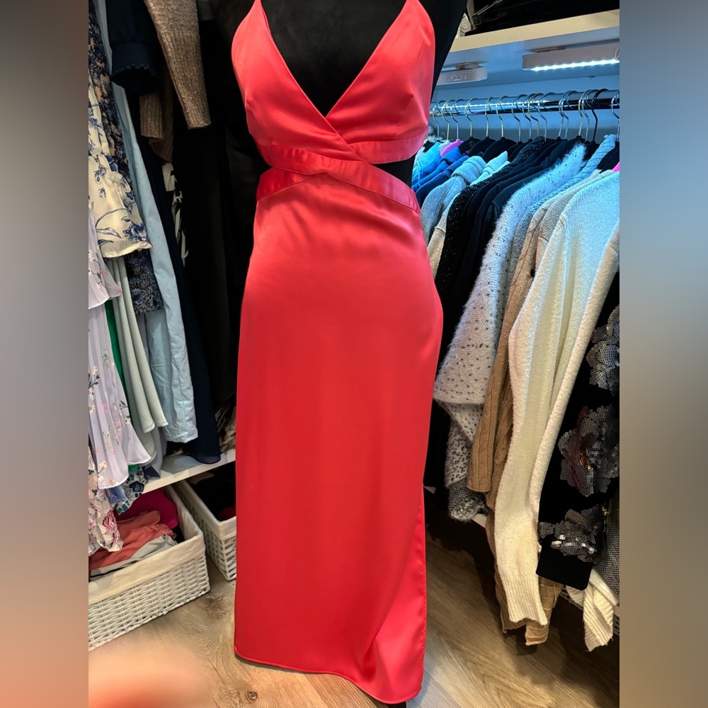NWT. Zara Coral Pink Satin Effect Cut Out V-neck Midi Dress. Size XS. - Picture 11 of 12
